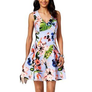 Vince Camuto Womens Floral Print V-Neck Scuba Dress Blue